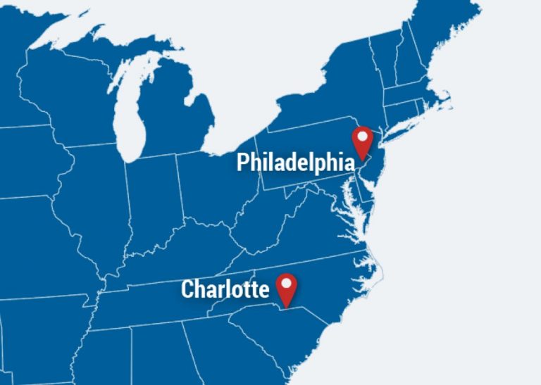 Map of Philadelphia and Charlotte